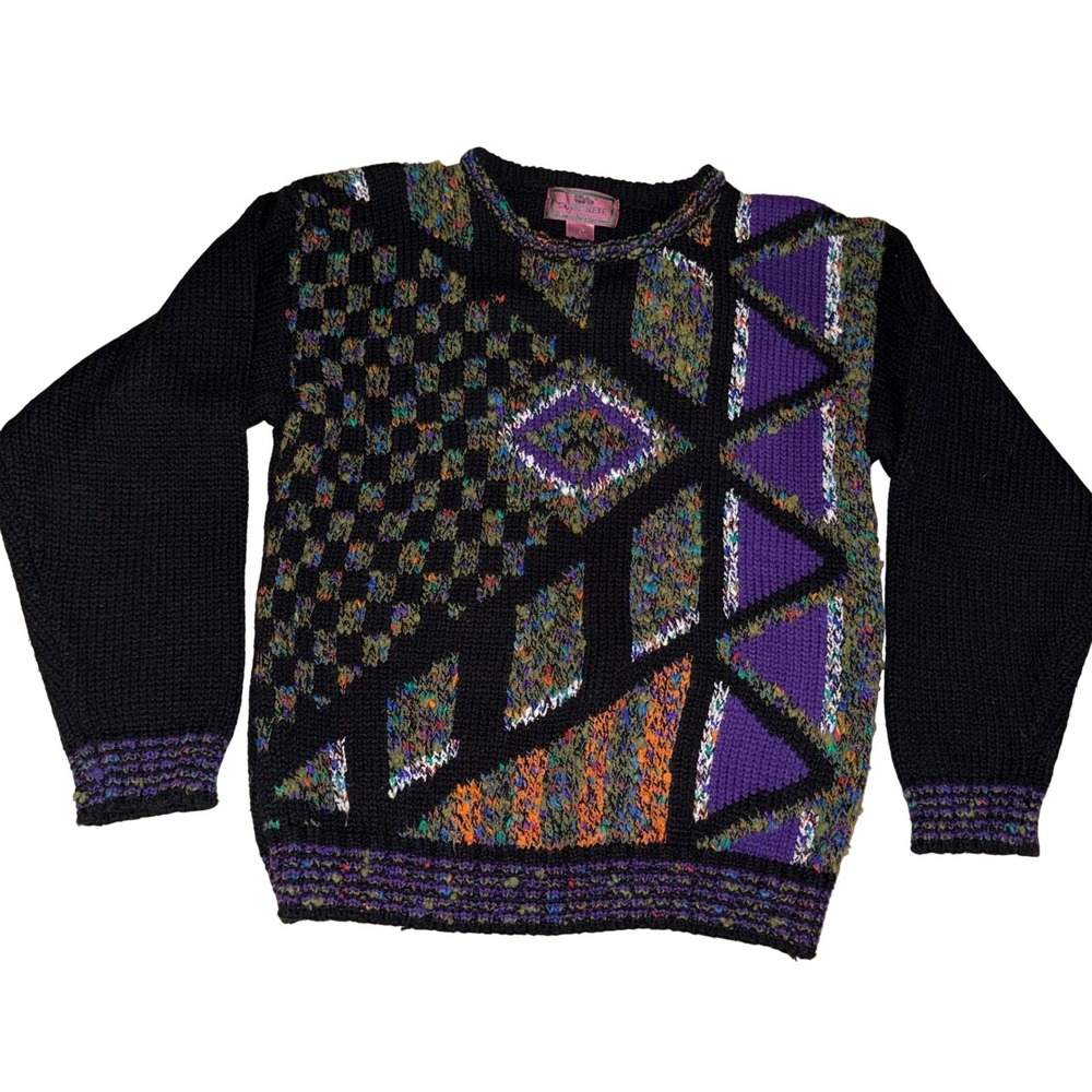 Vintage Abstract Geometric Knit‎ Sweater Women's Black Purple Multi Color Small